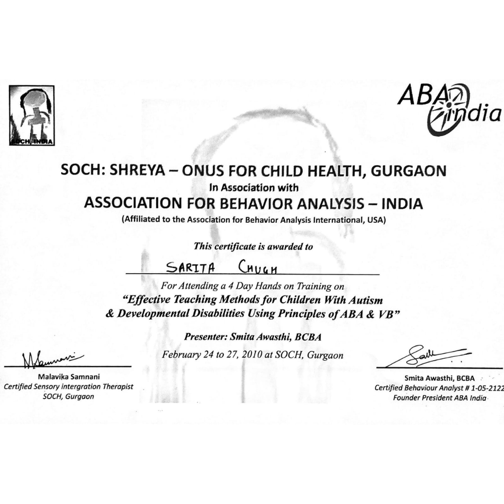 Sarita Chugh certificate ABA training