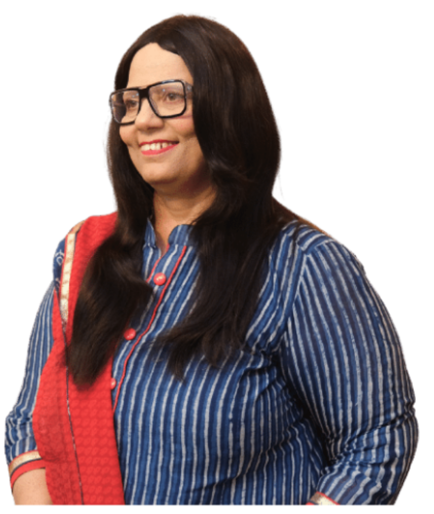 Smiling woman with long dark hair wearing glasses and striped shirt